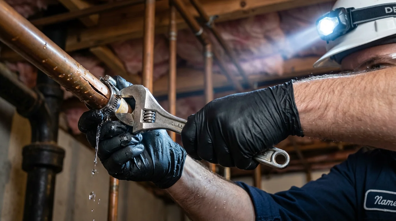 Emergency pipe clamp repair being performed by a Johns Plumbing LLC plumber in Archer City