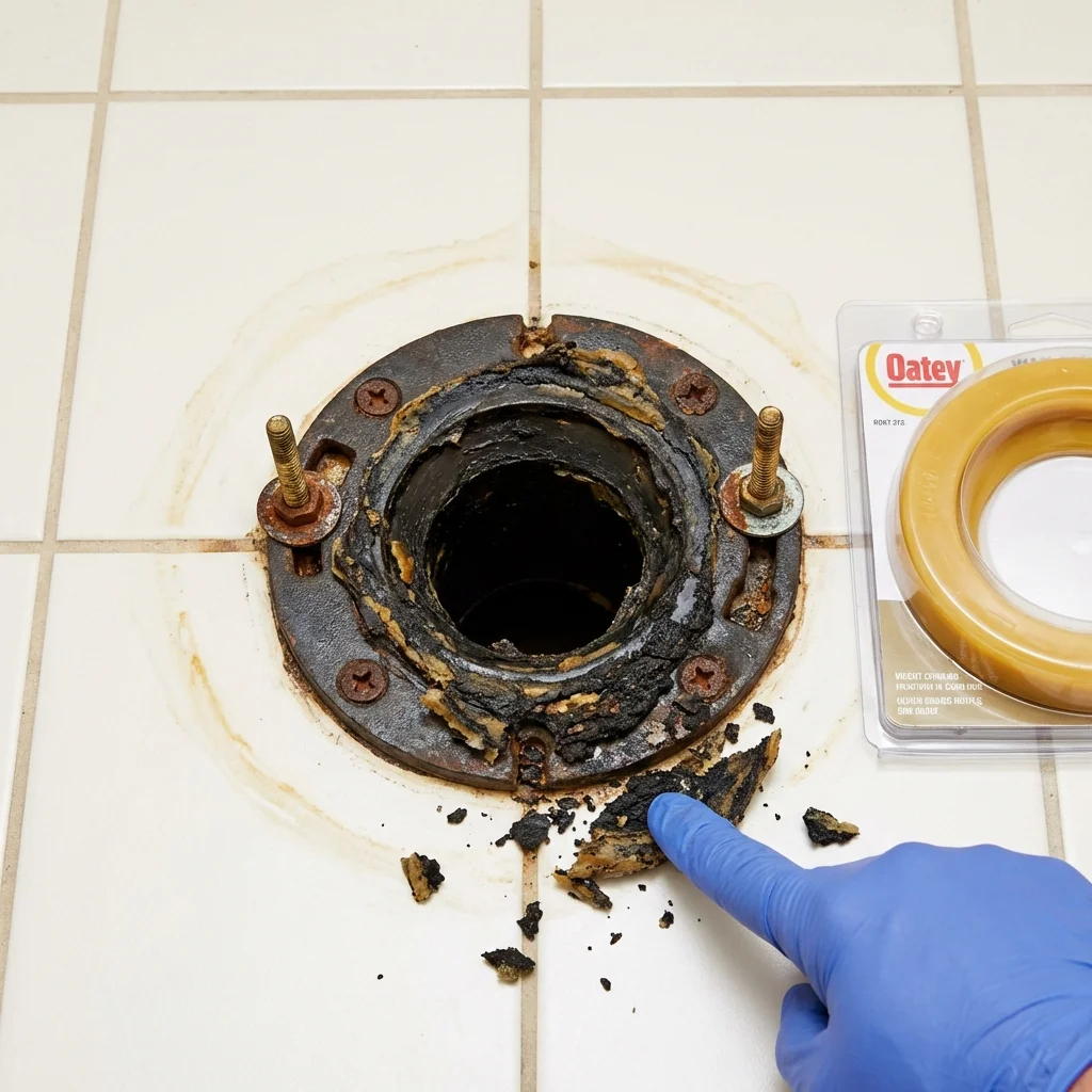 Failed wax ring showing water seepage at the base of a toilet in a Archer City, TX home