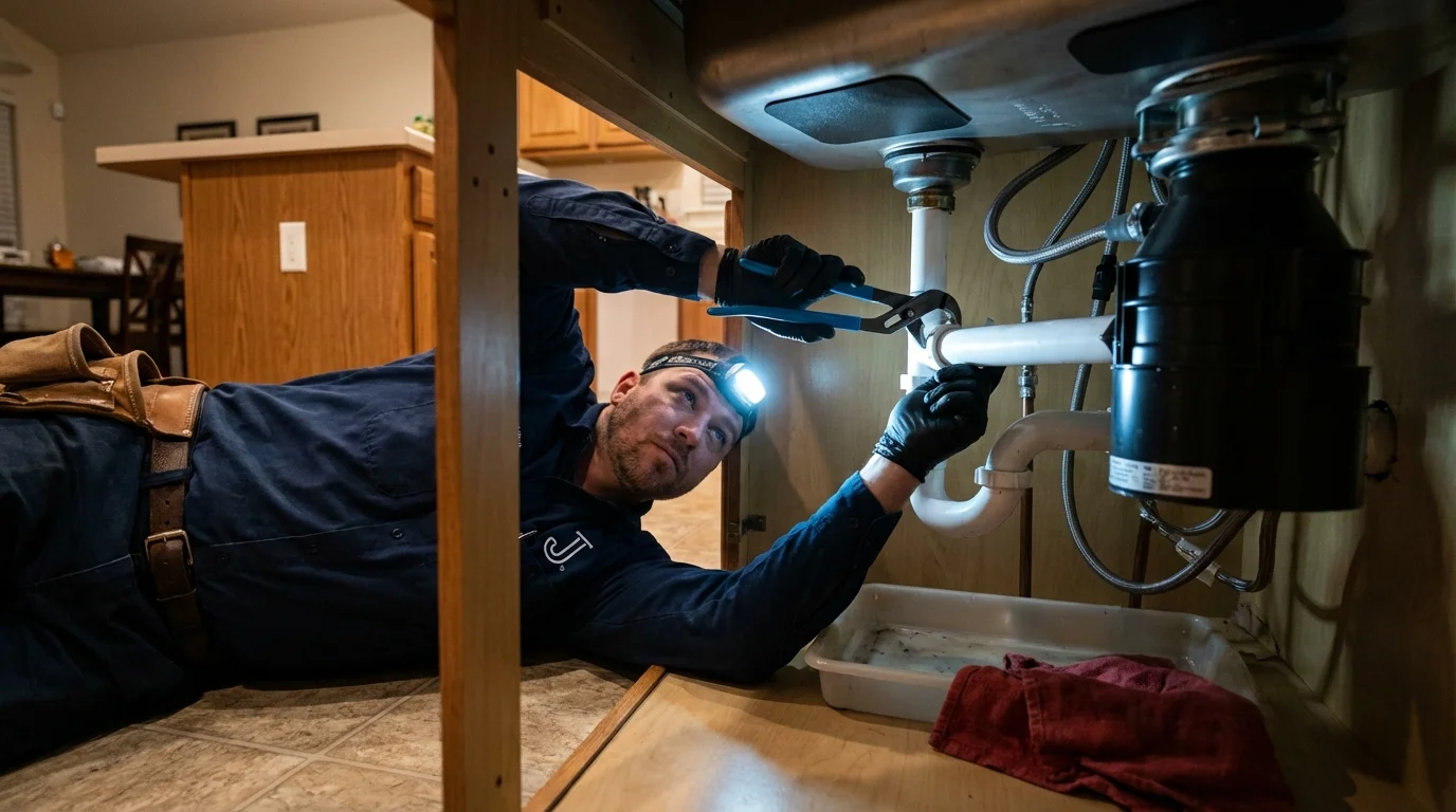 P-trap and supply line connections under a kitchen sink showing a common leak point in Archer City, TX